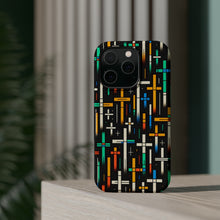 DistinctInk Tough Case for Apple iPhone, Compatible with MagSafe Charging - "Vivid Christian Crosses Dance on Black"
