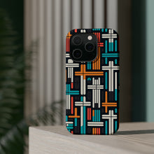 DistinctInk Tough Case for Apple iPhone, Compatible with MagSafe Charging - "Colorful Minimalist Crosses on Black"
