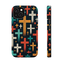 DistinctInk Tough Case for Apple iPhone, Compatible with MagSafe Charging - "Vibrant Crosses on Solid Black: A Modern Symbolic Pattern"