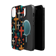 DistinctInk Tough Case for Apple iPhone, Compatible with MagSafe Charging - "Vibrant Crosses on Solid Black: A Modern Symbolic Pattern"