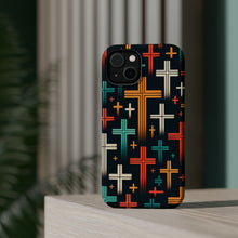 DistinctInk Tough Case for Apple iPhone, Compatible with MagSafe Charging - "Vibrant Crosses on Solid Black: A Modern Symbolic Pattern"