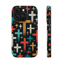 DistinctInk Tough Case for Apple iPhone, Compatible with MagSafe Charging - "Vibrant Crosses on Solid Black: A Modern Symbolic Pattern"