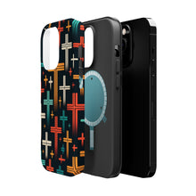 DistinctInk Tough Case for Apple iPhone, Compatible with MagSafe Charging - "Vibrant Crosses on Solid Black: A Modern Symbolic Pattern"