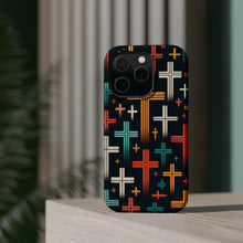 DistinctInk Tough Case for Apple iPhone, Compatible with MagSafe Charging - "Vibrant Crosses on Solid Black: A Modern Symbolic Pattern"