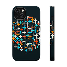 DistinctInk Tough Case for Apple iPhone, Compatible with MagSafe Charging - "Dramatic Contrasting Crosses: Vibrant Colors on Black"