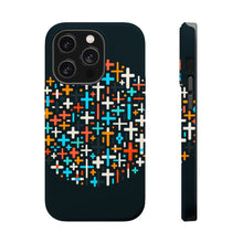 DistinctInk Tough Case for Apple iPhone, Compatible with MagSafe Charging - "Dramatic Contrasting Crosses: Vibrant Colors on Black"