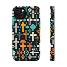 DistinctInk Tough Case for Apple iPhone, Compatible with MagSafe Charging - "Vibrant Christian Cross Pattern on Dark Background"