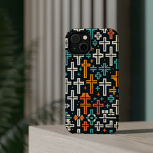 DistinctInk Tough Case for Apple iPhone, Compatible with MagSafe Charging - "Vibrant Christian Cross Pattern on Dark Background"