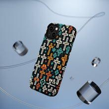DistinctInk Tough Case for Apple iPhone, Compatible with MagSafe Charging - "Vibrant Christian Cross Pattern on Dark Background"