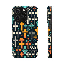 DistinctInk Tough Case for Apple iPhone, Compatible with MagSafe Charging - "Vibrant Christian Cross Pattern on Dark Background"