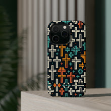 DistinctInk Tough Case for Apple iPhone, Compatible with MagSafe Charging - "Vibrant Christian Cross Pattern on Dark Background"