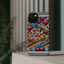 DistinctInk Tough Case for Apple iPhone, Compatible with MagSafe Charging - "Vibrant Street Art Pattern: Hearts, Stars, Peace Signs!"