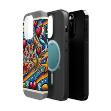 DistinctInk Tough Case for Apple iPhone, Compatible with MagSafe Charging - "Vibrant Street Art Pattern: Hearts, Stars, Peace Signs!"