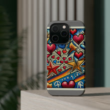 DistinctInk Tough Case for Apple iPhone, Compatible with MagSafe Charging - "Vibrant Street Art Pattern: Hearts, Stars, Peace Signs!"