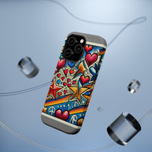 DistinctInk Tough Case for Apple iPhone, Compatible with MagSafe Charging - "Vibrant Street Art Pattern: Hearts, Stars, Peace Signs!"