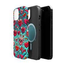 DistinctInk Tough Case for Apple iPhone, Compatible with MagSafe Charging - "Joyful Symphony: A Lively Cartoon Heart Pattern"