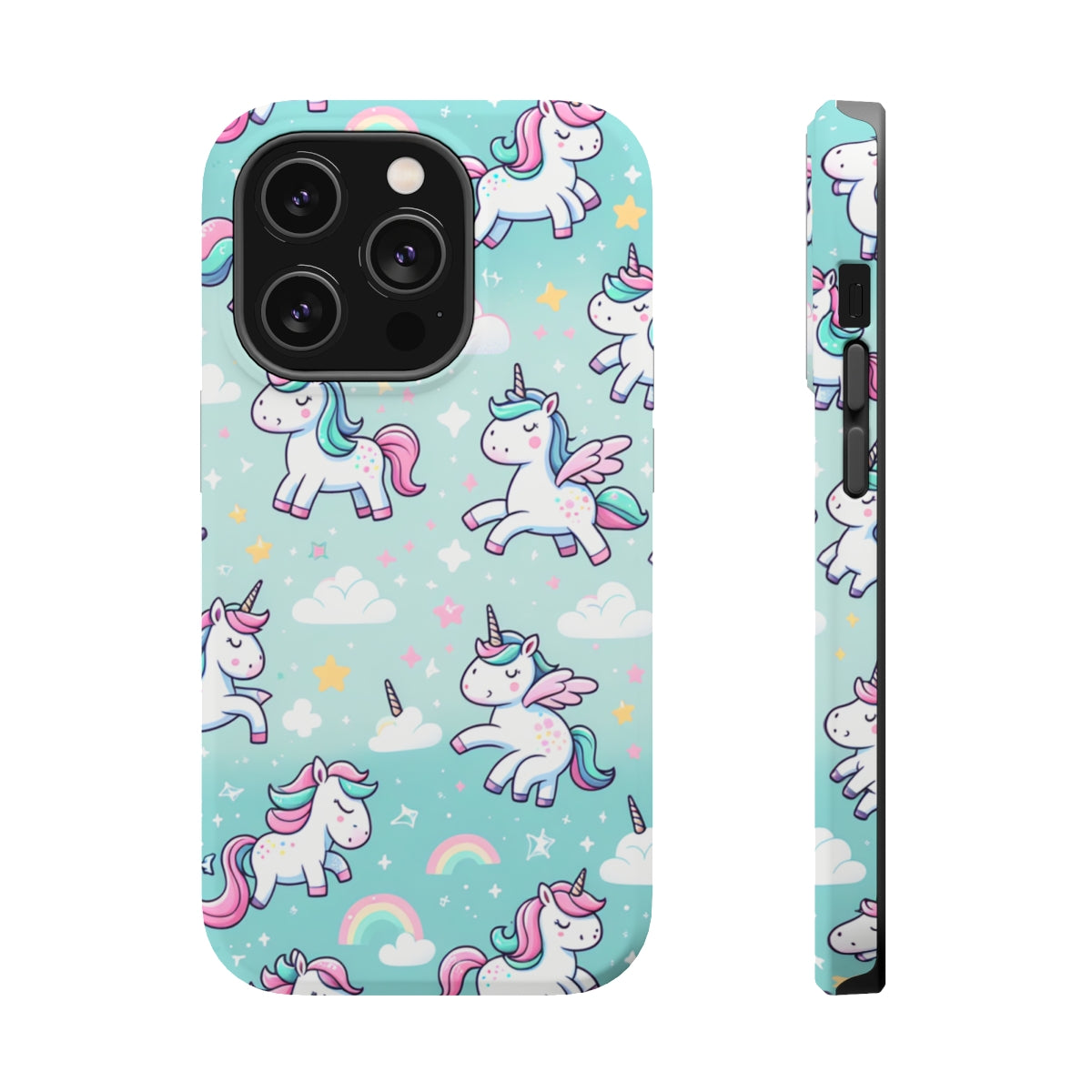 DistinctInk Tough Case for Apple iPhone, Compatible with MagSafe Charging - Enchanting Whimsy: Dancing Unicorns and Stardust
