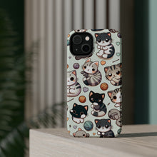 DistinctInk Tough Case for Apple iPhone, Compatible with MagSafe Charging - "Whimsical Feline Paradise: A Colorful Cartoon Pattern"