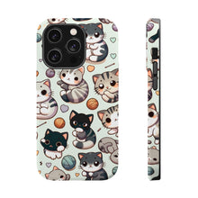 DistinctInk Tough Case for Apple iPhone, Compatible with MagSafe Charging - "Whimsical Feline Paradise: A Colorful Cartoon Pattern"