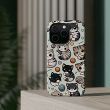 DistinctInk Tough Case for Apple iPhone, Compatible with MagSafe Charging - "Whimsical Feline Paradise: A Colorful Cartoon Pattern"
