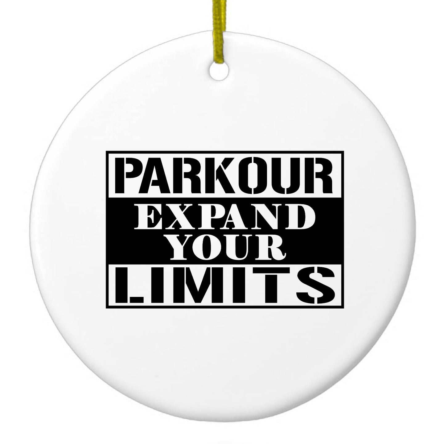 DistinctInk® Hanging Ceramic Christmas Tree Ornament with Gold String - Great Gift / Present - 2 3/4 inch Diameter - Parkour Expand Your Limits