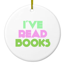 DistinctInk® Hanging Ceramic Christmas Tree Ornament with Gold String - Great Gift / Present - 2 3/4 inch Diameter - I've Read Books - Pink Green