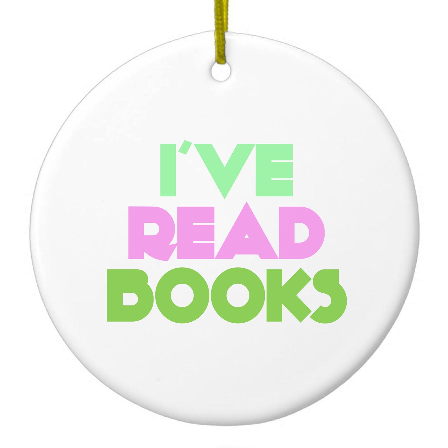 DistinctInk® Hanging Ceramic Christmas Tree Ornament with Gold String - Great Gift / Present - 2 3/4 inch Diameter - I've Read Books - Pink Green