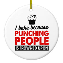 DistinctInk® Hanging Ceramic Christmas Tree Ornament with Gold String - Great Gift / Present - 2 3/4 inch Diameter - I Bake Because Punching People is Frowned Upon