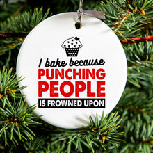 DistinctInk® Hanging Ceramic Christmas Tree Ornament with Gold String - Great Gift / Present - 2 3/4 inch Diameter - I Bake Because Punching People is Frowned Upon