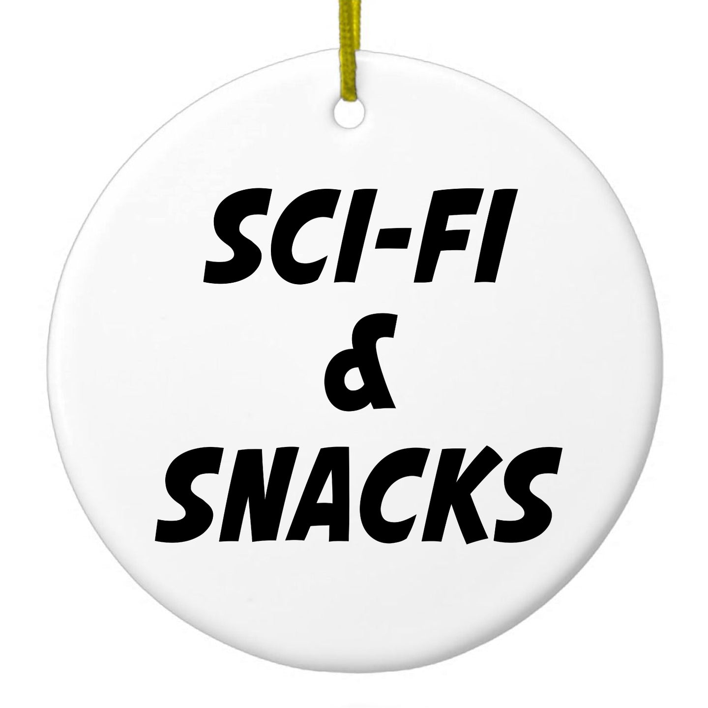 DistinctInk® Hanging Ceramic Christmas Tree Ornament with Gold String - Great Gift / Present - 2 3/4 inch Diameter - Sci-Fi & Snacks