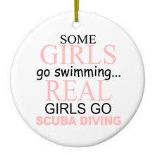 DistinctInk® Hanging Ceramic Christmas Tree Ornament with Gold String - Great Gift / Present - 2 3/4 inch Diameter - Real Girls Go Scuba Diving