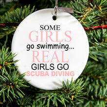 DistinctInk® Hanging Ceramic Christmas Tree Ornament with Gold String - Great Gift / Present - 2 3/4 inch Diameter - Real Girls Go Scuba Diving