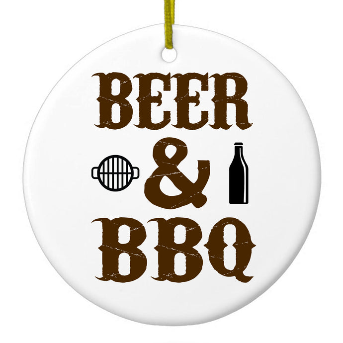 DistinctInk® Hanging Ceramic Christmas Tree Ornament with Gold String - Great Gift / Present - 2 3/4 inch Diameter - Beer & Barbecue BBQ