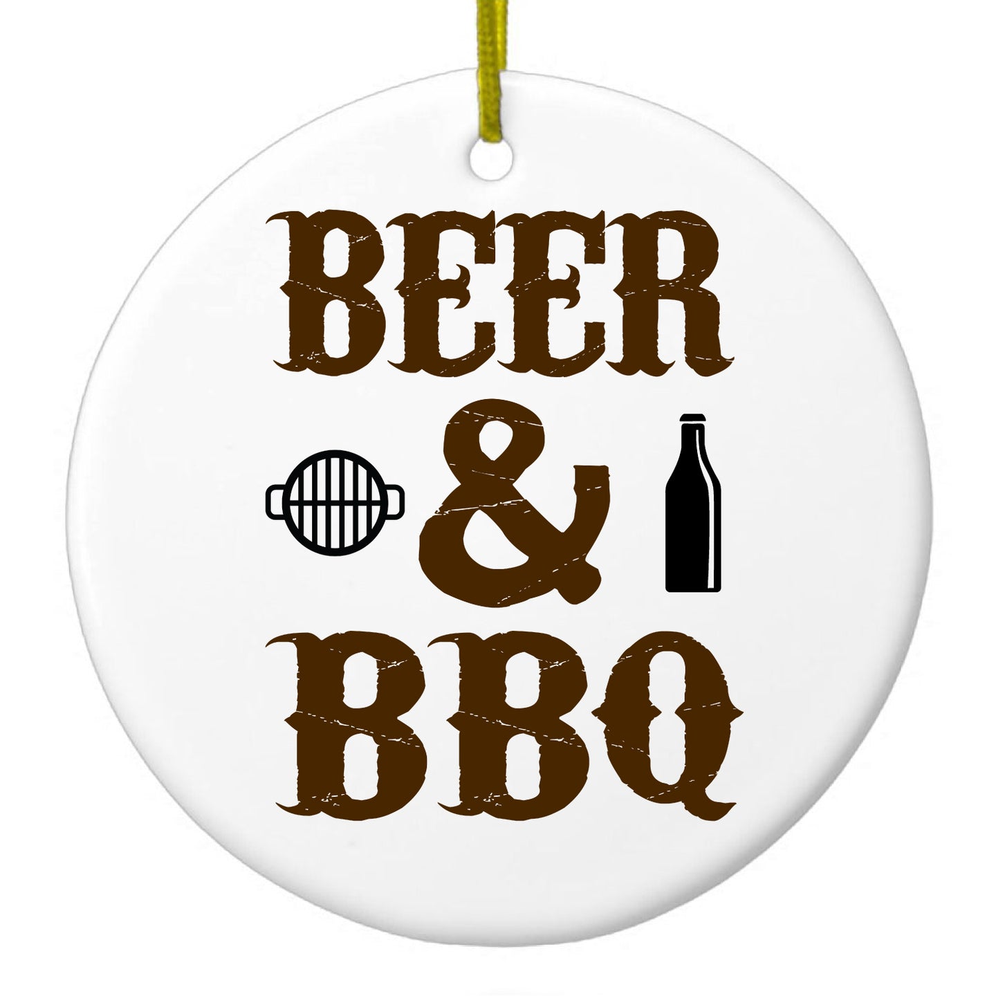 DistinctInk® Hanging Ceramic Christmas Tree Ornament with Gold String - Great Gift / Present - 2 3/4 inch Diameter - Beer & Barbecue BBQ