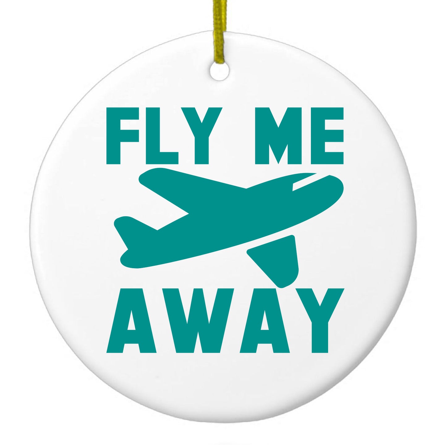 DistinctInk® Hanging Ceramic Christmas Tree Ornament with Gold String - Great Gift / Present - 2 3/4 inch Diameter - Fly Me Away - Travel