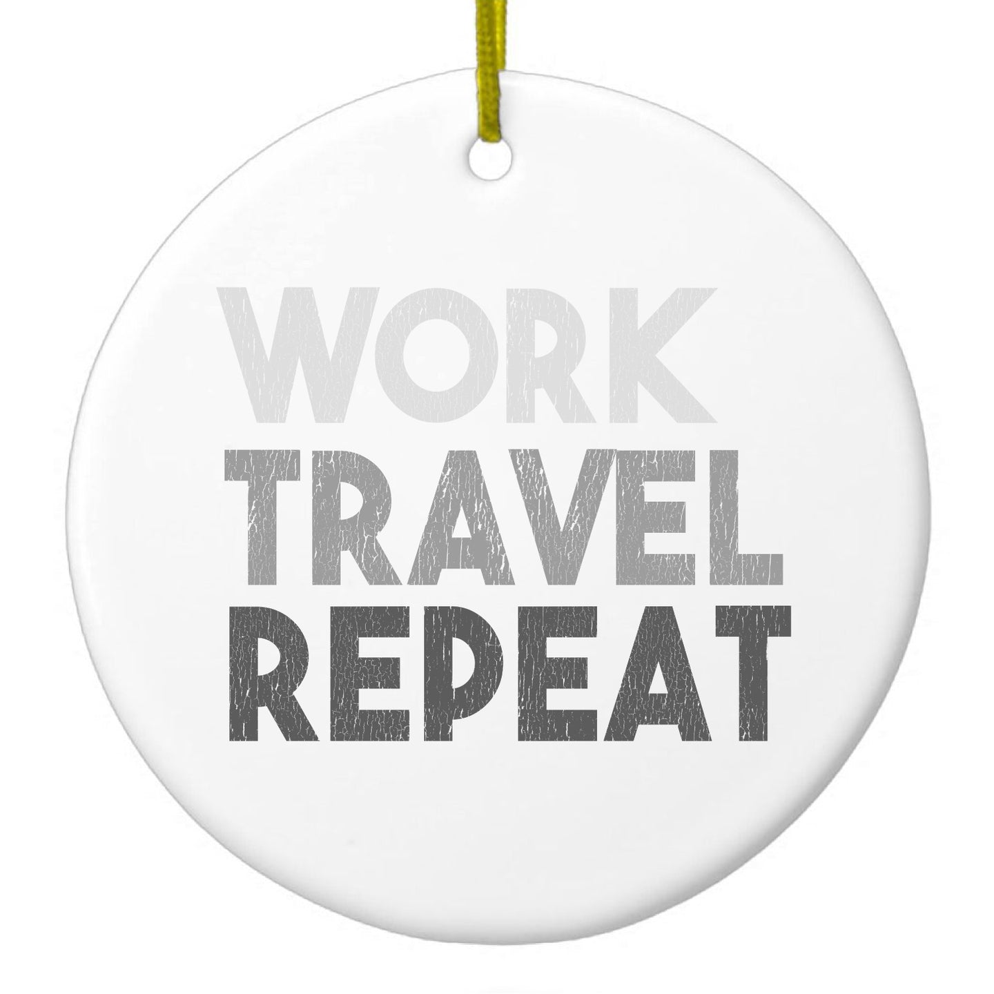 DistinctInk® Hanging Ceramic Christmas Tree Ornament with Gold String - Great Gift / Present - 2 3/4 inch Diameter - Work Travel Repeat