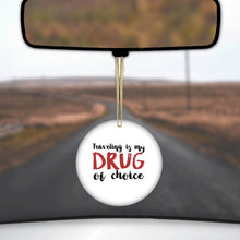DistinctInk® Hanging Ceramic Christmas Tree Ornament with Gold String - Great Gift / Present - 2 3/4 inch Diameter - Traveling is My Drug of Choice