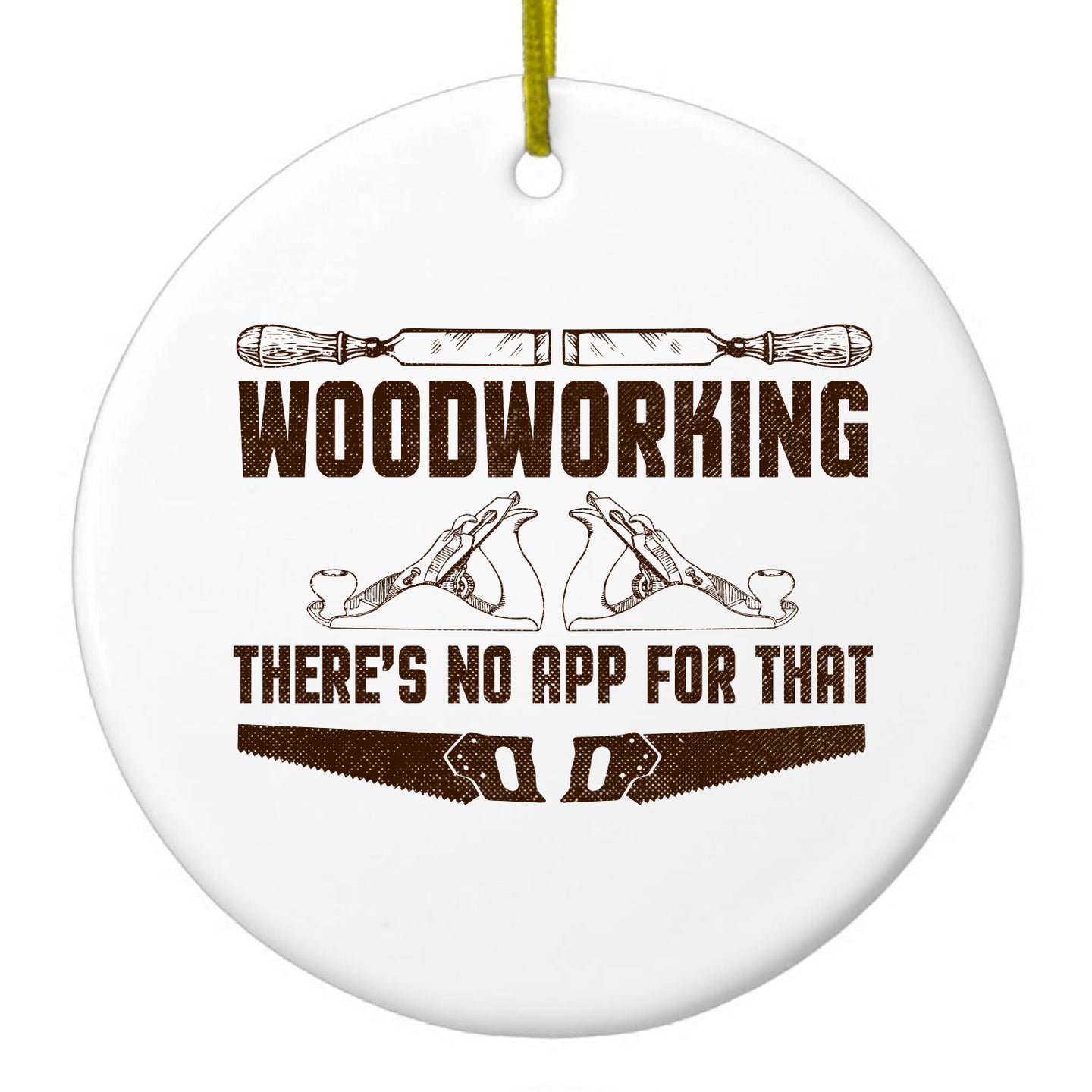 DistinctInk® Hanging Ceramic Christmas Tree Ornament with Gold String - Great Gift / Present - 2 3/4 inch Diameter - Woodworking - There's No App For That