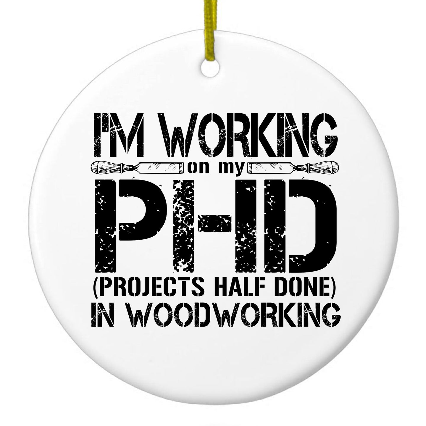 DistinctInk® Hanging Ceramic Christmas Tree Ornament with Gold String - Great Gift / Present - 2 3/4 inch Diameter - Working on PHD Projects Half Done Woodworking