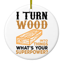 DistinctInk® Hanging Ceramic Christmas Tree Ornament with Gold String - Great Gift / Present - 2 3/4 inch Diameter - Turn Wood into Things What's Your Superpower