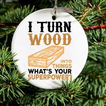 DistinctInk® Hanging Ceramic Christmas Tree Ornament with Gold String - Great Gift / Present - 2 3/4 inch Diameter - Turn Wood into Things What's Your Superpower
