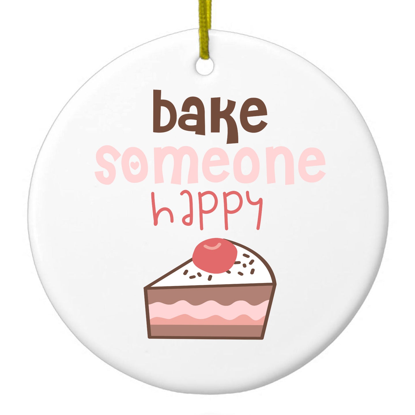 DistinctInk® Hanging Ceramic Christmas Tree Ornament with Gold String - Great Gift / Present - 2 3/4 inch Diameter - Bake Someone Happy
