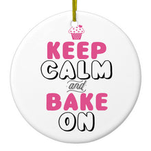 DistinctInk® Hanging Ceramic Christmas Tree Ornament with Gold String - Great Gift / Present - 2 3/4 inch Diameter - Keep Calm and Bake On