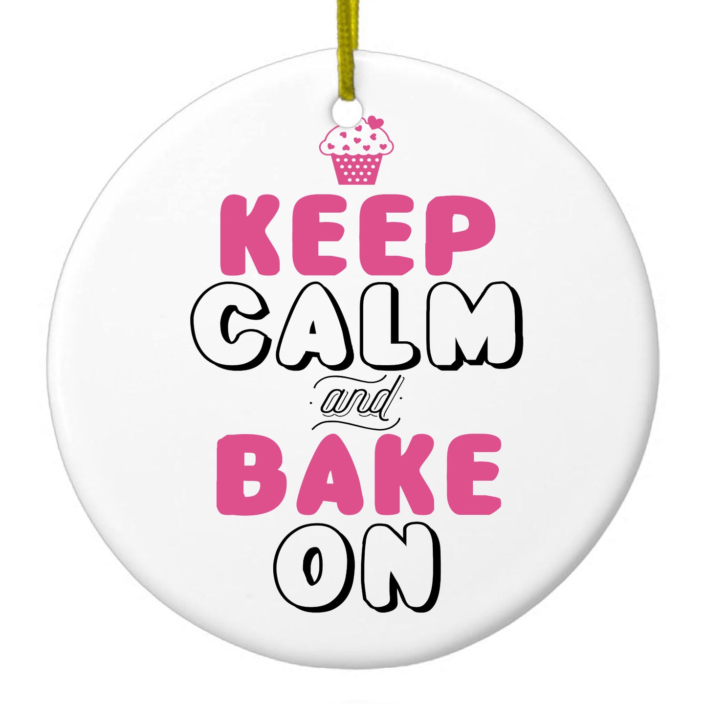 DistinctInk® Hanging Ceramic Christmas Tree Ornament with Gold String - Great Gift / Present - 2 3/4 inch Diameter - Keep Calm and Bake On