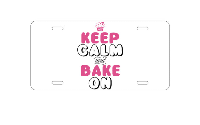 DistinctInk Custom Aluminum Decorative Vanity Front License Plate - Keep Calm and Bake On