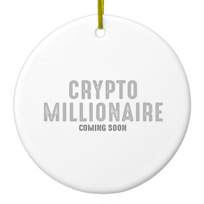 DistinctInk® Hanging Ceramic Christmas Tree Ornament with Gold String - Great Gift / Present - 2 3/4 inch Diameter - Crypto Millionaire - Coming Soon