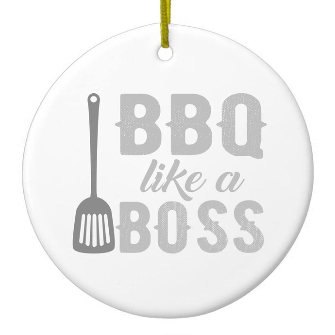 DistinctInk® Hanging Ceramic Christmas Tree Ornament with Gold String - Great Gift / Present - 2 3/4 inch Diameter - BBQ Like a Boss Barbecue
