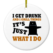 DistinctInk® Hanging Ceramic Christmas Tree Ornament with Gold String - Great Gift / Present - 2 3/4 inch Diameter - I Get Drunk & Grill Things