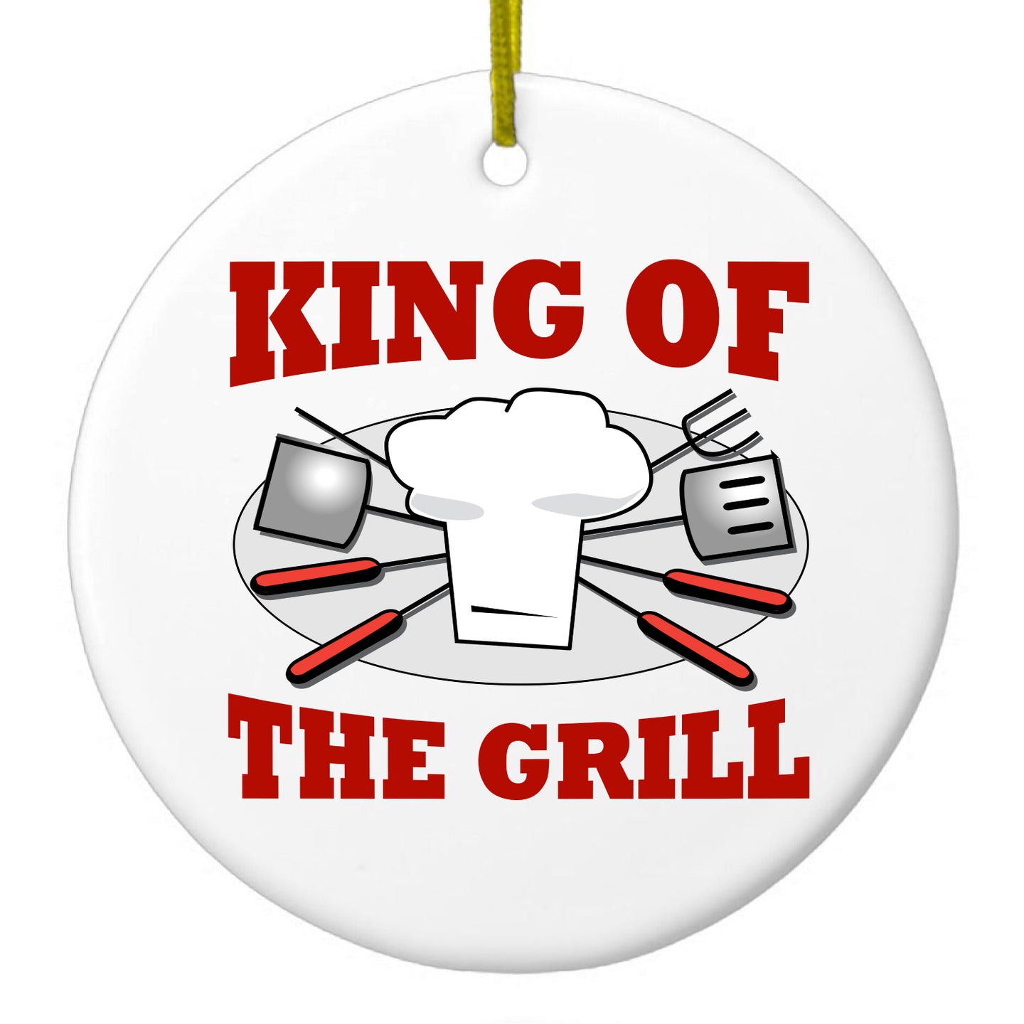 DistinctInk® Hanging Ceramic Christmas Tree Ornament with Gold String - Great Gift / Present - 2 3/4 inch Diameter - King of the Grill BBQ Barbecue