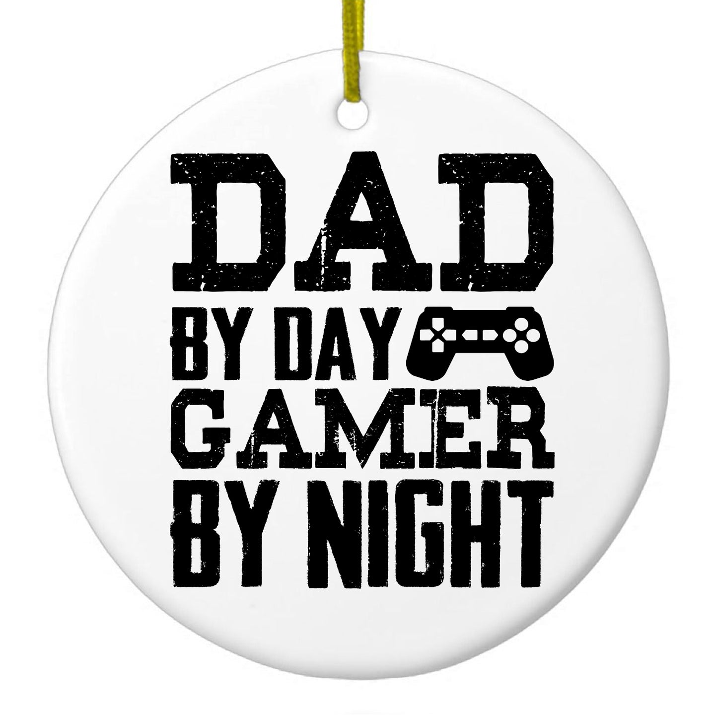 DistinctInk® Hanging Ceramic Christmas Tree Ornament with Gold String - Great Gift / Present - 2 3/4 inch Diameter - Dad By Day Gamer By Night